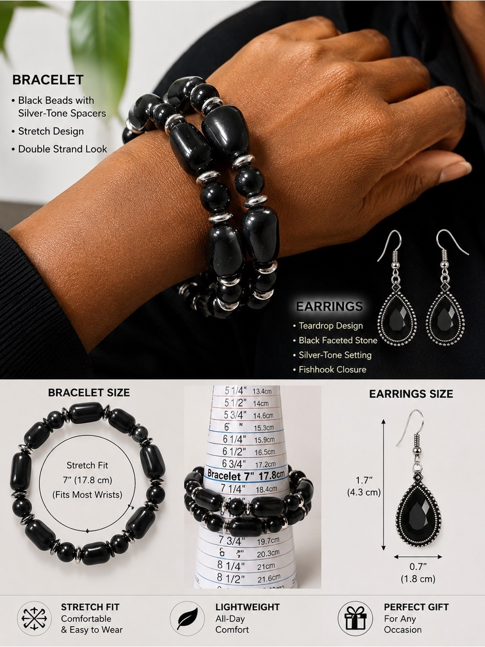 4pcs Black Beaded -2 Stretch Bracelet &Teardrop Earrings Set